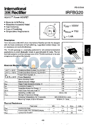 IRFBG20 datasheet - Power MOSFET(Vdss=1000V, Rds(on)=11ohm, Id=1.4A)