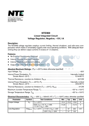 NTE969 datasheet - Linear Integrated Circuit Voltage Regulator, Negative, -15V, 1A