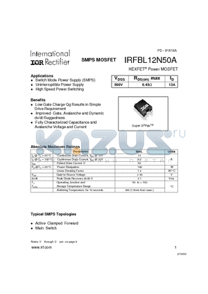 IRFBL12N50A datasheet - HEXFET^ Power MOSFET