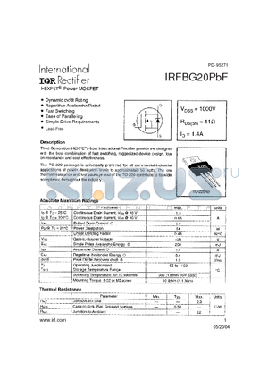 IRFBG20PBF datasheet - HEXFET^ Power MOSFET