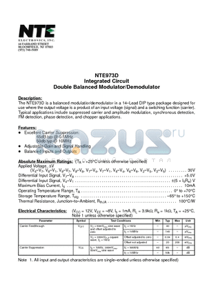 NTE973 datasheet - Integrated Circuit Double Balanced Modulator/Demodulator