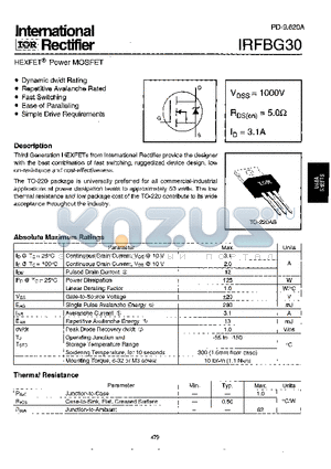 IRFBG30 datasheet - Power MOSFET(Vdss=1000V, Rds(on)=5.0ohm, Id=3.1A)
