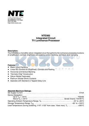 NTE985 datasheet - Integrated Circuit TV Luminance Processor