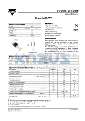 IRFBC40PBF datasheet - Power MOSFET