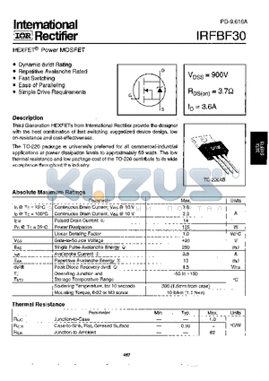 IRFBF30 datasheet - Power MOSFET(Vdss=900V, Rds(on)=3.7ohm, Id=3.6A)