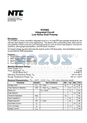 NTE983 datasheet - Integrated Circuit Low Noise Dual Preamp