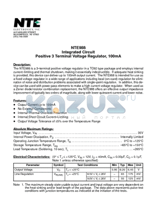 NTE988 datasheet - Integrated Circuit Positive 3 Terminal Voltage Regulator, 100mA