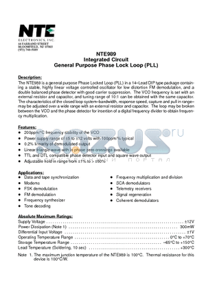 NTE989 datasheet - Integrated Circuit General Purpose Phase Lock Loop (PLL)