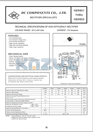 HER801 datasheet - TECHNICAL SPECIFICATIONS OF HIGH EFFICIENCY RECTIFIER