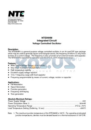 NTE994M datasheet - Integrated Circuit Voltage Controlled Oscillator