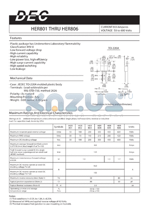 HER801 datasheet - CURRENT 8.0 Amperes VOLTAGE 50 to 600 Volts