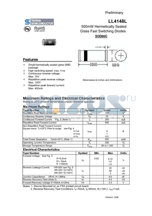 LL4148L datasheet - 500mW Hermetically Sealed Glass Fast Switching Diodes