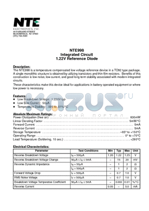 NTE998 datasheet - Integrated Circuit 1.22V Reference Diode