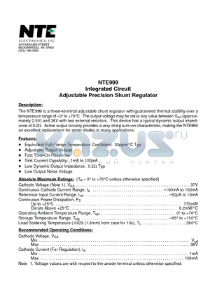 NTE999 datasheet - Integrated Circuit Adjustable Precision Shunt Regulator