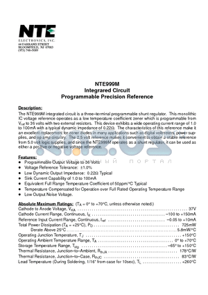 NTE999M datasheet - Integrared Circuit Programmable Precision Reference