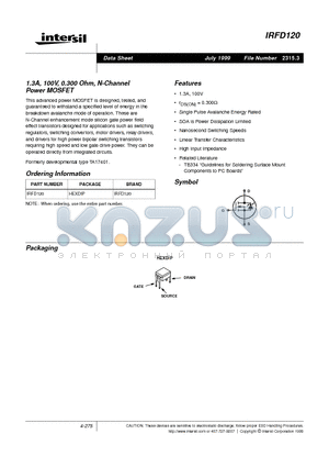 IRFD120 datasheet - 1.3A, 100V, 0.300 Ohm, N-Channel Power MOSFET