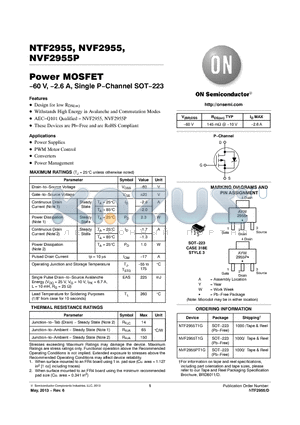 NTF2955T1G datasheet - 60 V, 2.6 A, Single PChannel SOT223