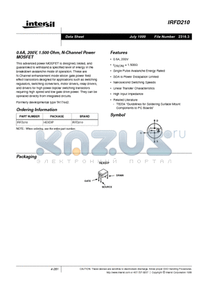 IRFD210 datasheet - 0.6A, 200V, 1.500 Ohm, N-Channel Power MOSFET