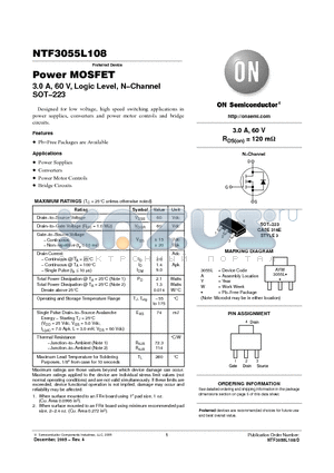 NTF3055L108T1 datasheet - Power MOSFET 3.0 A, 60 V, Logic Level, N−Channel SOT−223