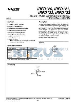 IRFD123 datasheet - 1.3A and 1.1A, 80V and 100V, 0.30 and 0.40 Ohm, N-Channel Power MOSFETs