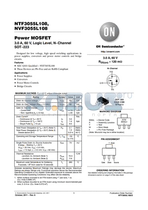NTF3055L108T1G datasheet - Power MOSFET 3.0 A, 60 V, Logic Level, NChannel SOT223