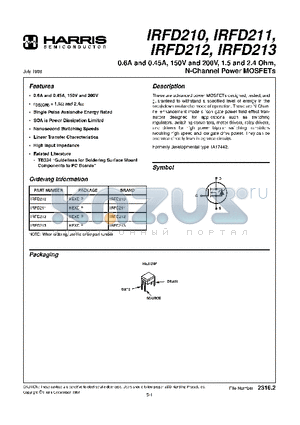 IRFD211 datasheet - 0.6A AND 0.45A, 150V AND 200V, 1.5 AND 2.4 OHM, N-CHANNEL POWER MOSFETS