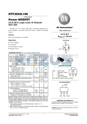 NTF3055L108T3LFG datasheet - Power MOSFET 3.0 A, 60 V, Logic Level, N−Channel SOT−223