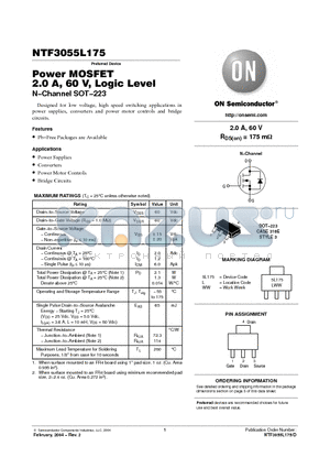 NTF3055L175 datasheet - Power MOSFET 2.0 A, 60 V, Logic Level