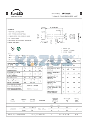 LUGR92M datasheet - T-1(3mm) BI-COLOR INDICATOR LAMP