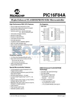 PIC16F84A datasheet - 18-pin Enhanced FLASH/EEPROM 8-Bit Microcontroller