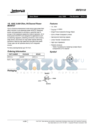 IRFD110 datasheet - 1A, 100V, 0.600 Ohm, N-Channel Power MOSFET