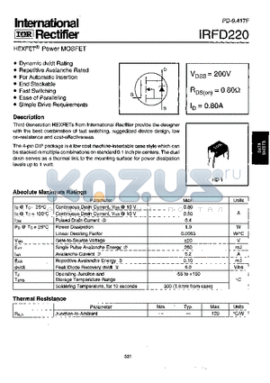 IRFD220 datasheet - Power MOSFET(Vdss=200V, Rds(on)=0.80ohm, Id=0.80A)