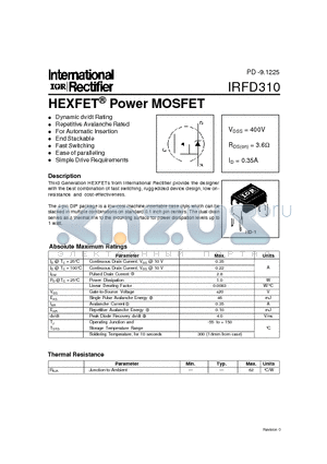 IRFD310 datasheet - Power MOSFET(Vdss=400V, Rds(on)=3.6ohm, Id=0.35A)