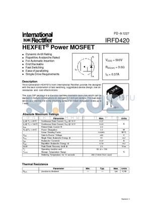 IRFD420 datasheet - Power MOSFET(Vdss=500V, Rds(on)=3.0ohm, Id=0.37A)