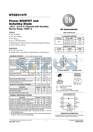 NTGD3147FT1G datasheet - Power MOSFET and Schottky Diode−20 V, −2.5 A, P−Channel with Schottky Barrier Diode, TSOP−6