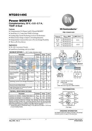 NTGD3149CT1G datasheet - Power MOSFET Complementary, 20 V, 3.5/−2.7 A, TSOP−6 Dual