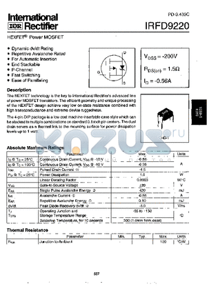 IRFD9220 datasheet - Power MOSFET(Vdss=-200V, Rds(on)=1.5ohm, Id=-0.56A)