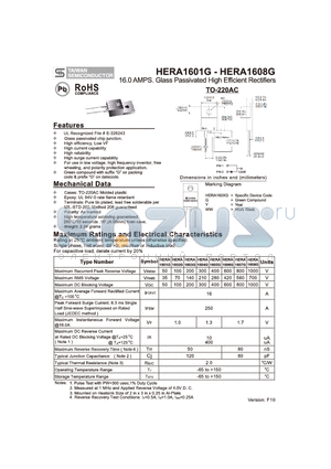 HERA1601G datasheet - 16.0 AMPS. Glass Passivated High Efficient Rectifiers