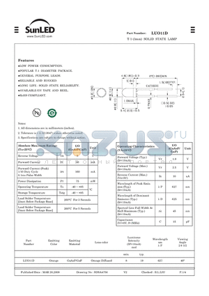 LUO11D datasheet - T-1 (3mm) SOLID STATE LAMP