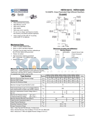 HERA1601G datasheet - 16.0AMPS. Glass Passivated High Efficient Rectifiers