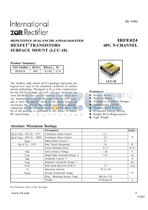 IRFE024 datasheet - REPETITIVE AVALANCHE AND dv/dt RATED HEXFETTRANSISTORS SURFACE MOUNT (LCC-18)