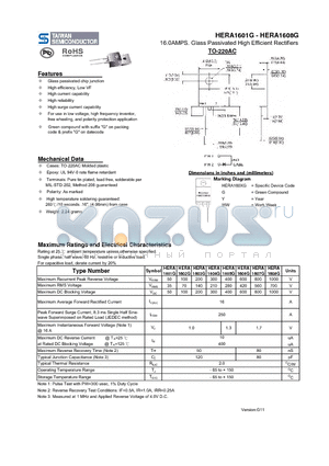 HERA1602G datasheet - 16.0AMPS. Glass Passivated High Efficient Rectifiers