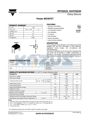 IRFD9220PBF datasheet - Power MOSFET