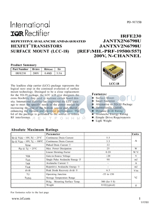 IRFE230 datasheet - REPETITIVE AVALANCHE AND dv/dt RATED HEXFET TRANSISTORS SURFACE MOUNT (LCC-18)