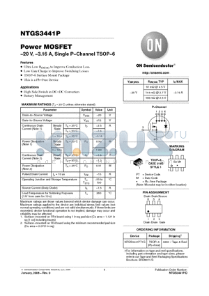 NTGS3441PT1G datasheet - Power MOSFET -20 V, -3.16 A, Single P-Channel TSOP-6