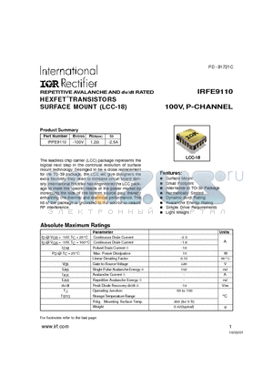 IRFE9110 datasheet - REPETITIVE AVALANCHE AND dv/dt RATED HEXFET TRANSISTORS SURFACE MOUNT (LCC-18)