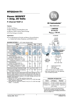 NTGS3441T1 datasheet - Power MOSFET 1 Amp, 20 VoltsP−Channel TSOP−6