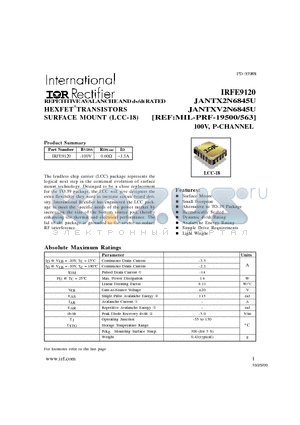IRFE9120 datasheet - HEXFET TRANSISTORS SURFACE MOUNT (LCC-18)