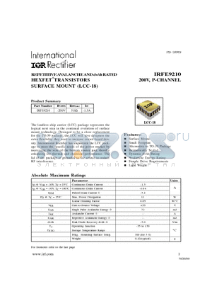 IRFE9210 datasheet - REPETITIVE AVALANCHE AND dv/dt RATED HEXFET TRANSISTORS SURFACE MOUNT (LCC-18)