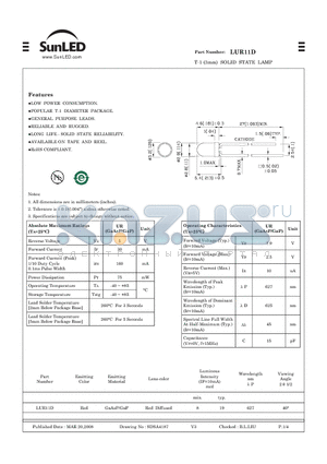 LUR11D datasheet - T-1 (3mm) SOLID STATE LAMP